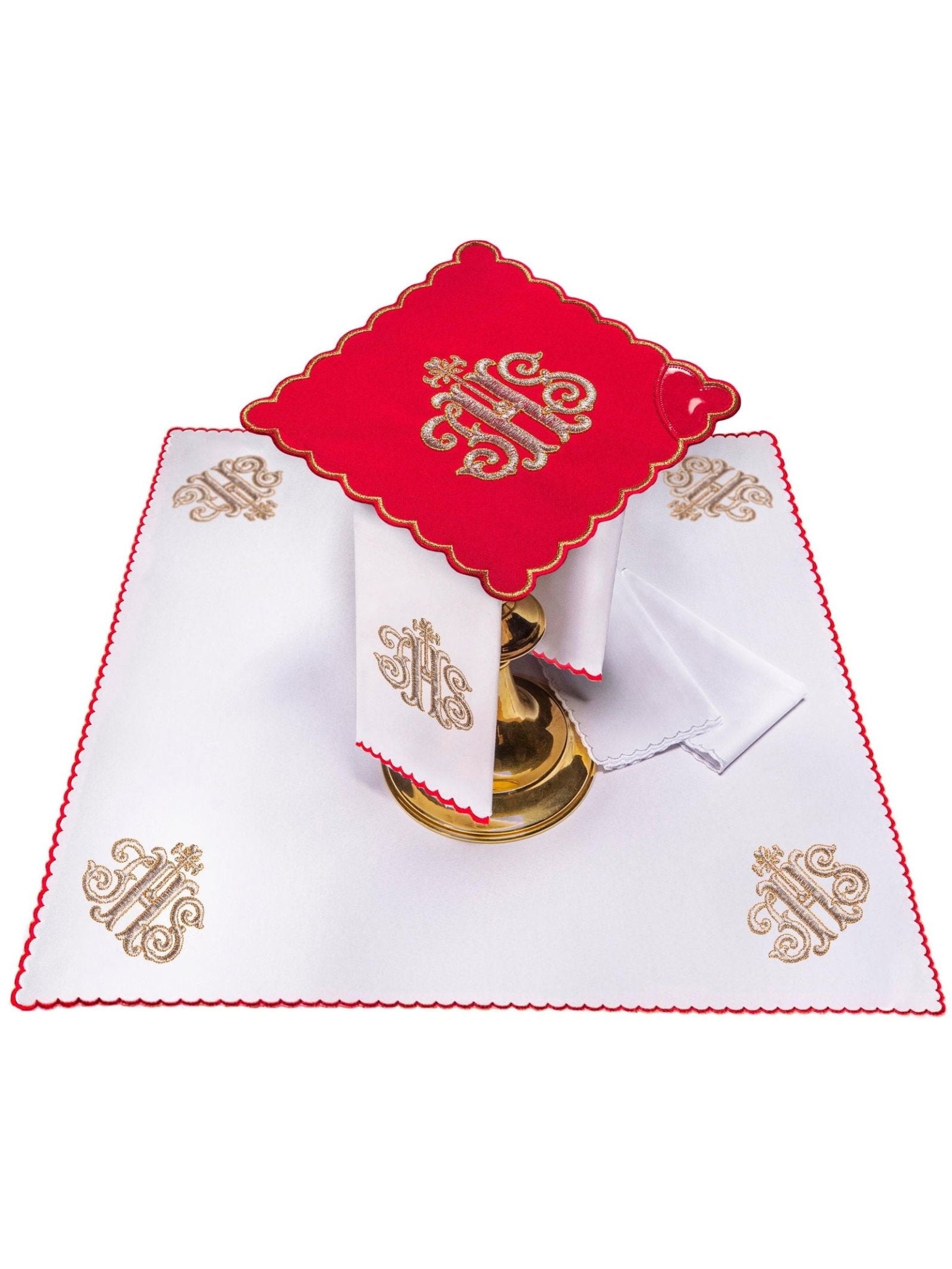 Servicio de altar bordado IHS, palia roja KK/072/02 - CASULLAS.ES
