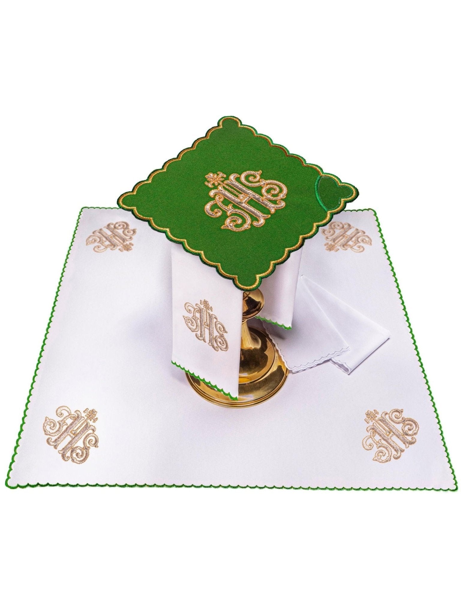 Servicio de altar bordado IHS, palia verde KK/072/01 - CASULLAS.ES